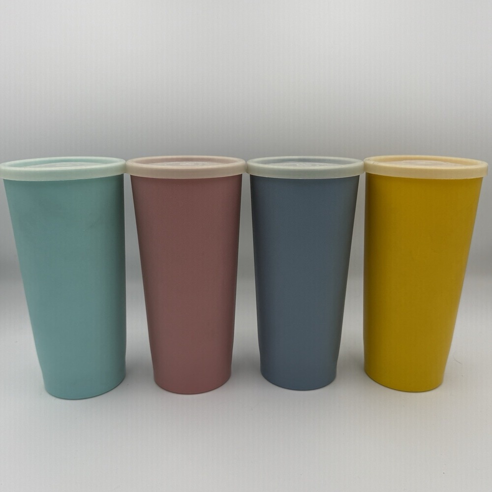 Set Of 4 Vintage Tupperware #1348 Tumbler Cups W/Lids Stackable Yellow Pink Blue